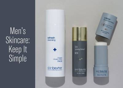 Three skinbetter science products with text that reads 'Men's Skincare: Keep it Simple'